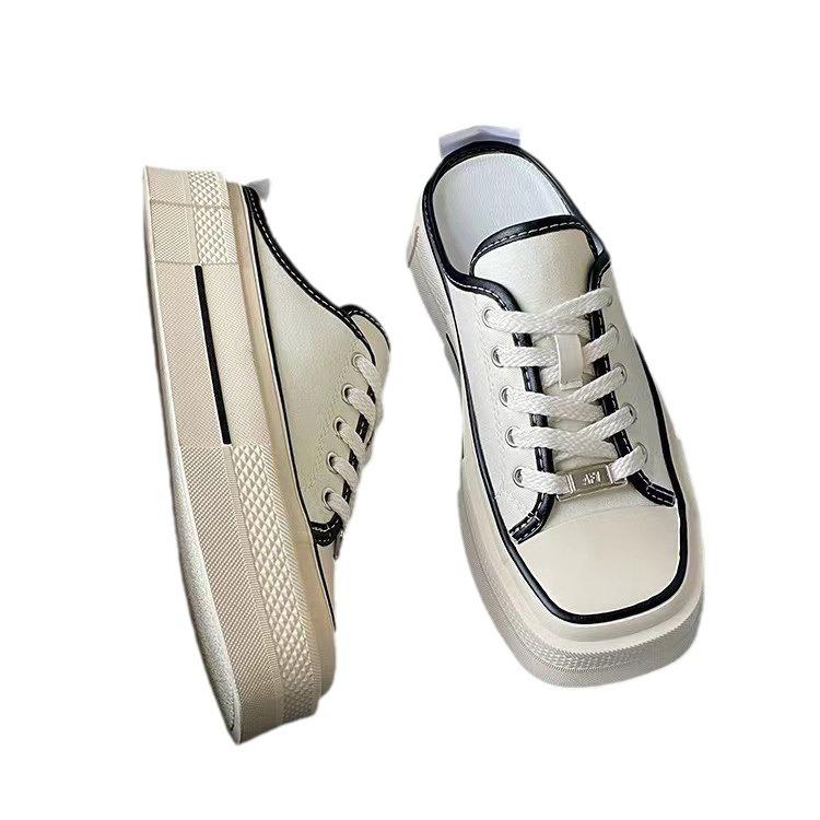 Fashion Square Toe Shoes Slippers Flat Low Slipers Women Slides Cover 2025 Soft Cotton Fabric Casual Canvas Lace-Up Spring Rome Rubber H