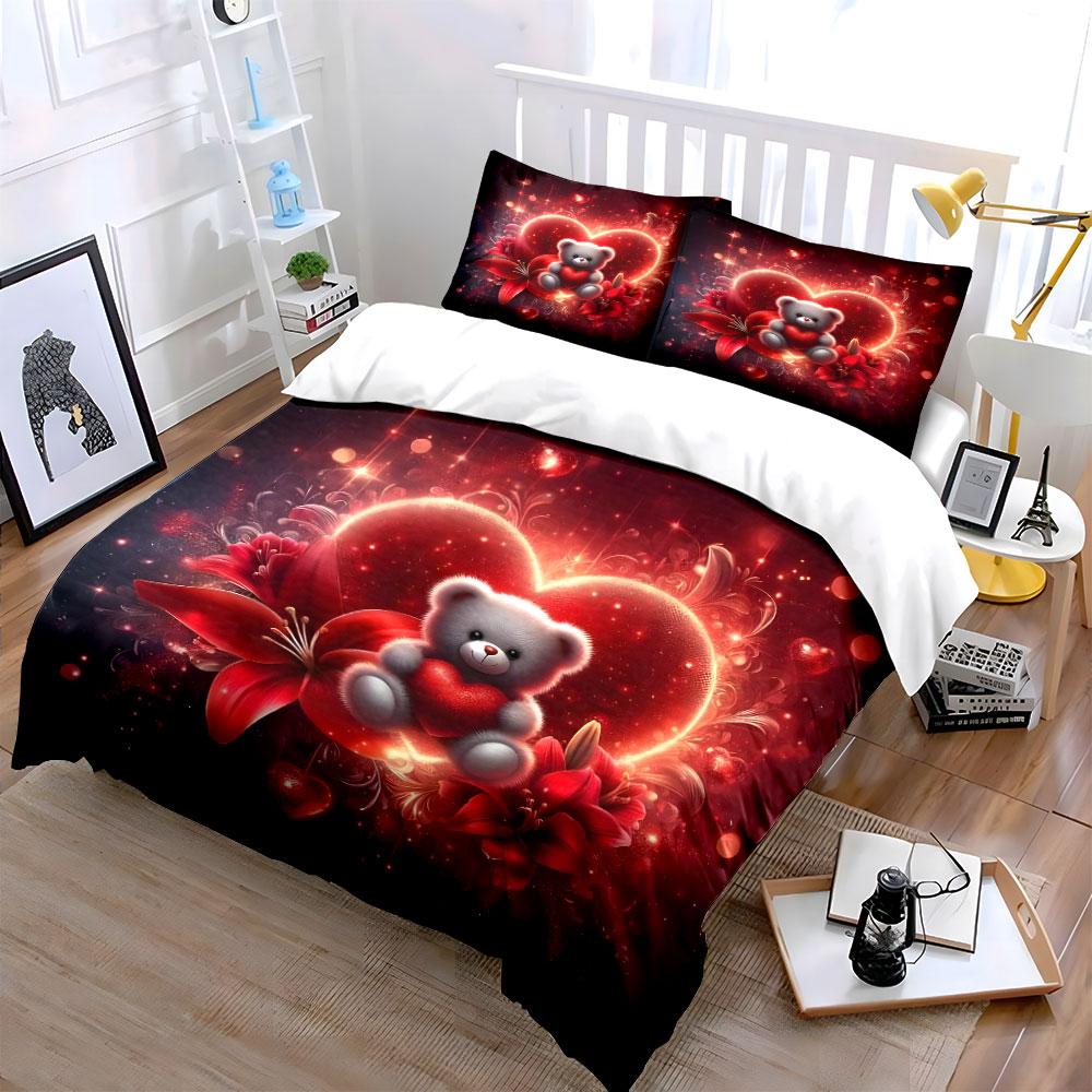 Dream Red hearts and teddy bear Print Bedding Set 1 Duvet Cover 2 Pillowcases for Adult and Children Luxury Gift Full Size