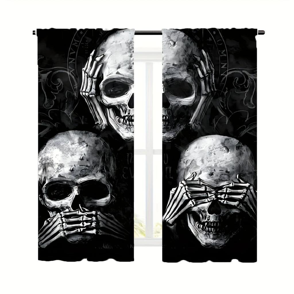 2-teilige schwarze Verdunkelungsvorhänge mit Totenkopfmuster - Stangentaschendesign, geeignet für Schlafzimmer, Wohnzimmer, Büro und Heimdekoration