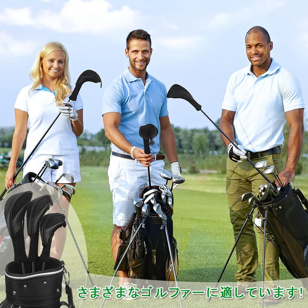 KALOLINNA Golf Head Cover Set of 3 Utility Stylish Fairway Wood Protective Case Golf Durable Replaceable Number Tag Included Black