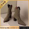 Women's Black Suede Pointed Toe Chunky Heel Ankle Boots with Back Zipper - Versatile Autumn/Winter Western Style.