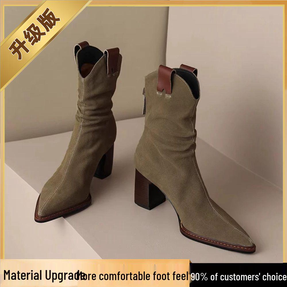 Women's Black Suede Pointed Toe Chunky Heel Ankle Boots with Back Zipper - Versatile Autumn/Winter Western Style.