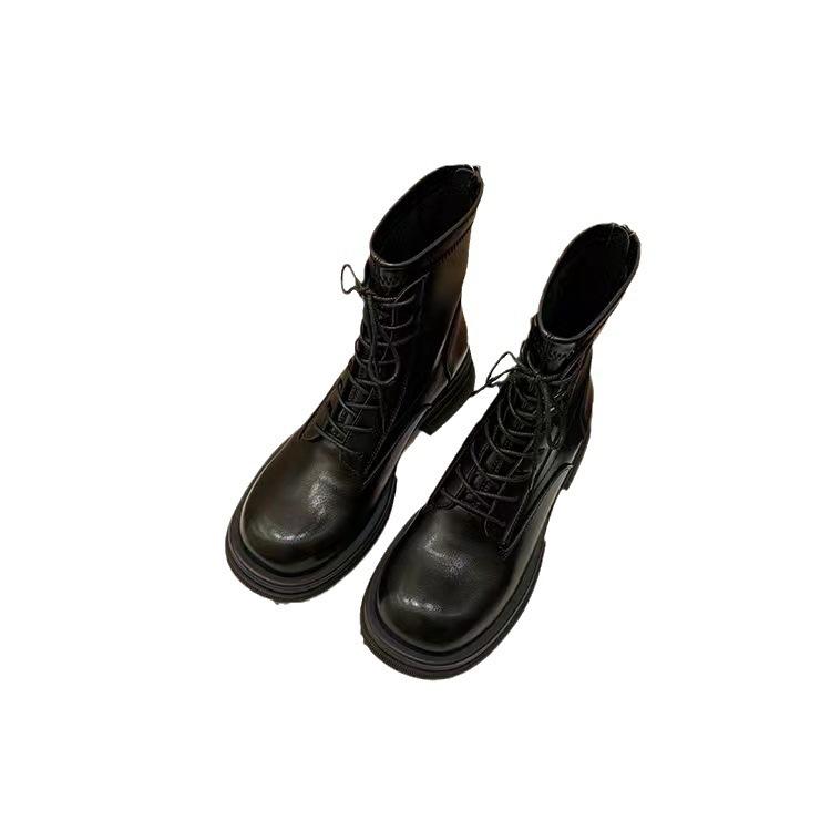 Cowhide grape mother same British style mid-tube boots thick-soled round head lace-up elastic fashion short boots women's Martin boots