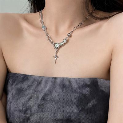 Trendy Bling Moonstone Star Cross Pendant Necklace For Women Punk Hip Hop  Necklace Party Y2K Jewelry Gift