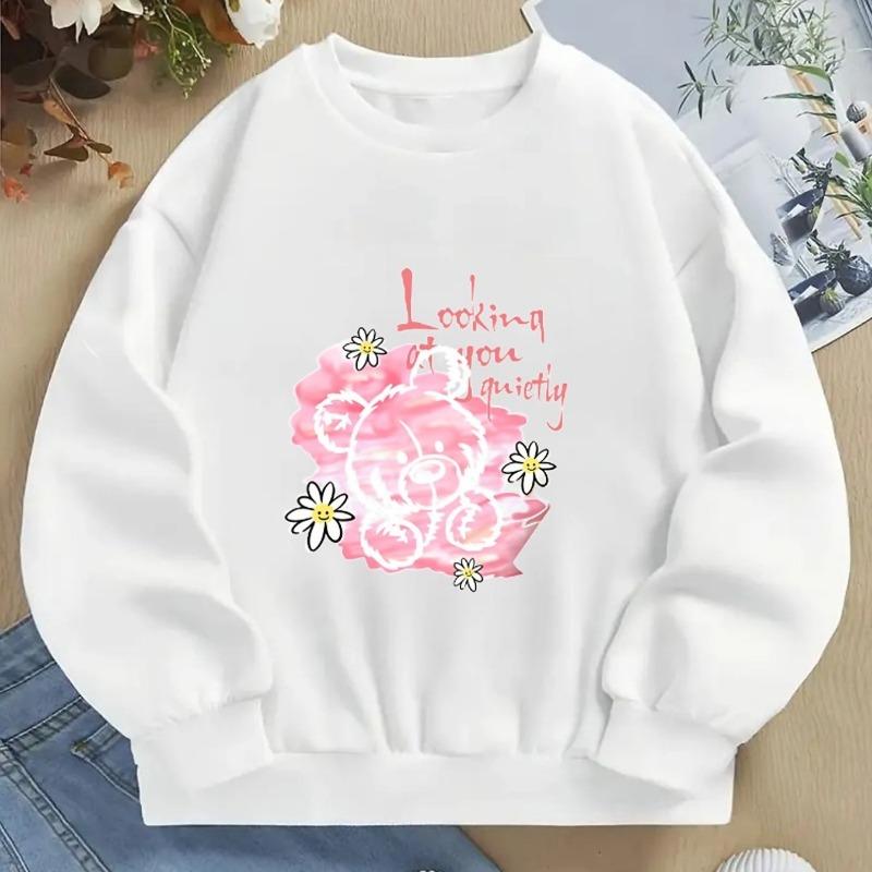 Kids Crewneck Sweatshirt, Pink Bear with Daisies & Letter PrintSpring Autumn Casual Sport Tops