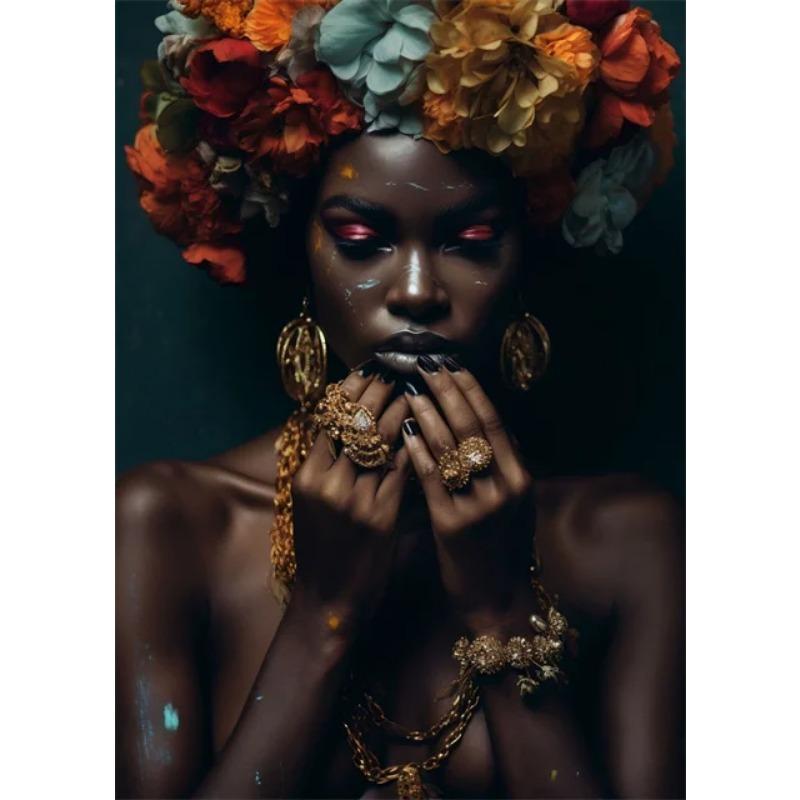 Afro Girl with Flowers Wall Art Pictrues African Beauties Flowers Fashion Canvas Painting Prints Posters for Living Room Decor