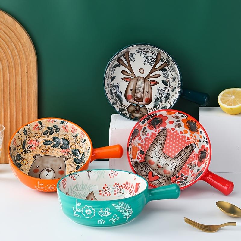 

Набор из 4 японских мультяшных керамических пиал с цветными ручками подглазурной росписи, миски для риса для микроволновой печи, запеченные миски, миски для лапши, миски для риса с ручками Set Of 4