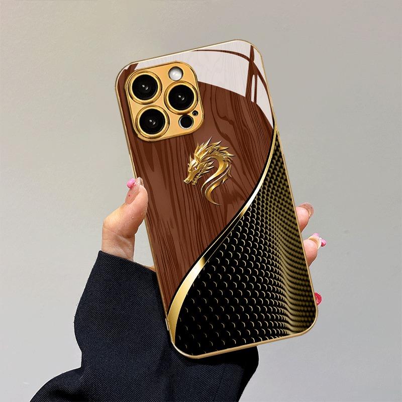 Luxury Textured Dragon Head Gold Metallic Paint Glass Phone Case For iPhone 17 Pro Max 11 12 13 14 15 16 Plus 17 Air 16E Cover