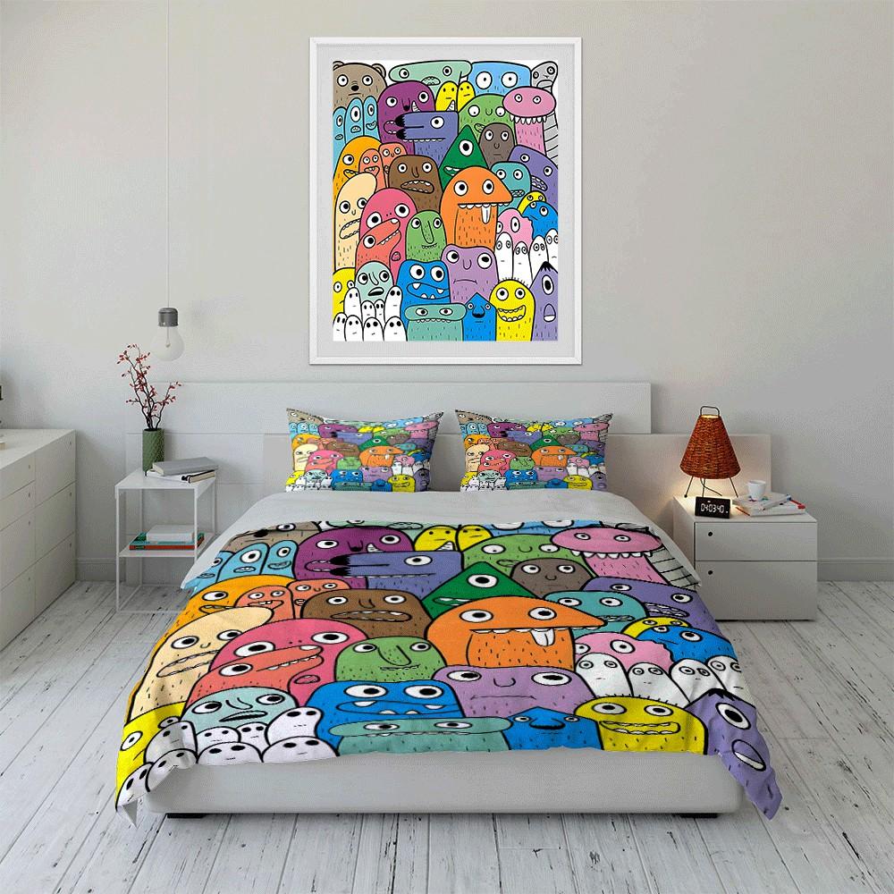 Colorful Monsters Cartoon Decoration Set Exquisite Three-Piece Bedding Set Gift For Kids And Adults