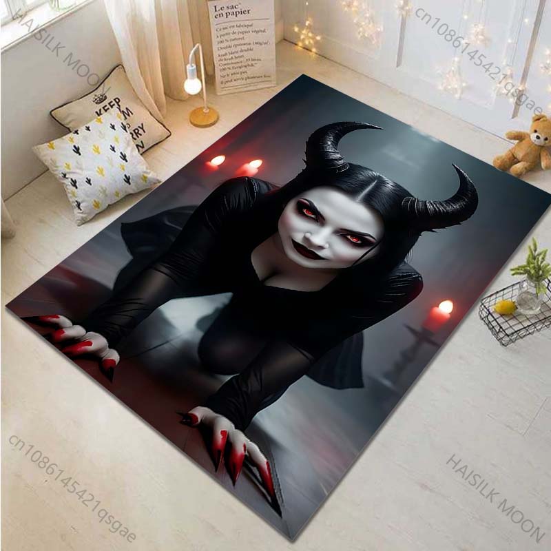Multiple sizes Woman in black outfit, horns Carpet for Living Room Bedroom Sofa Home Decor Rus Non-slip Floor Mat Luxury Gift
