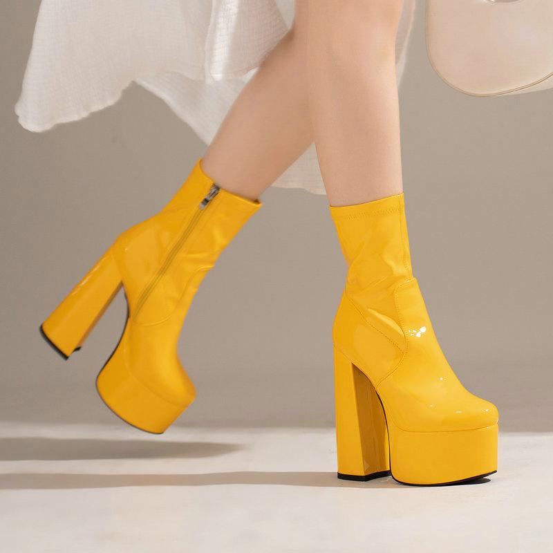 Women Ankle Boots Platform Square High Heel Ladies Short Boots