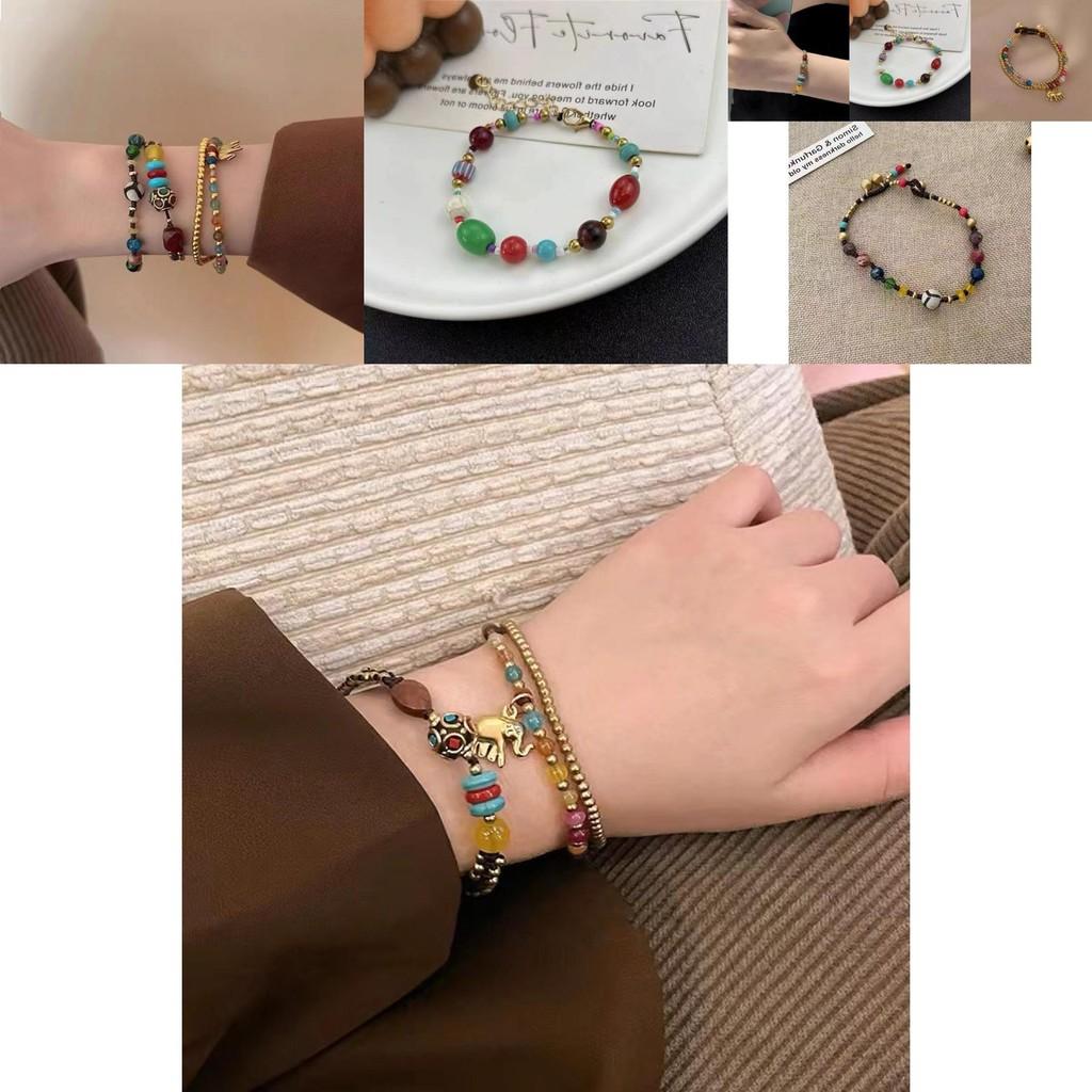 Vintage Inspired Colorful Beads Elephant Bracelet Artistic Double Layer Woven Strap