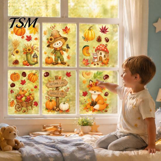 Holiday Window Decals for Glass 6 Sheets Autumn Harvest Stickers, Thanksgiving Cartoon Static Cling Decorations with Party Pumpkins Maple Leaves