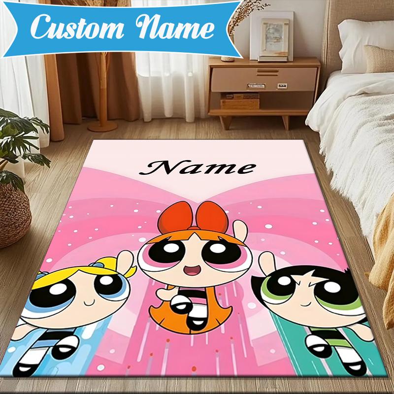 Benutzerdefinierter Name Powerpuff Abenteuer Teppich Spiel Teppich, Fußmatte für Schlafzimmer Wohnzimmer Eingangsbereich Teppich, Heimdeko Idee Geschenk für Weihnachten Geburtstag