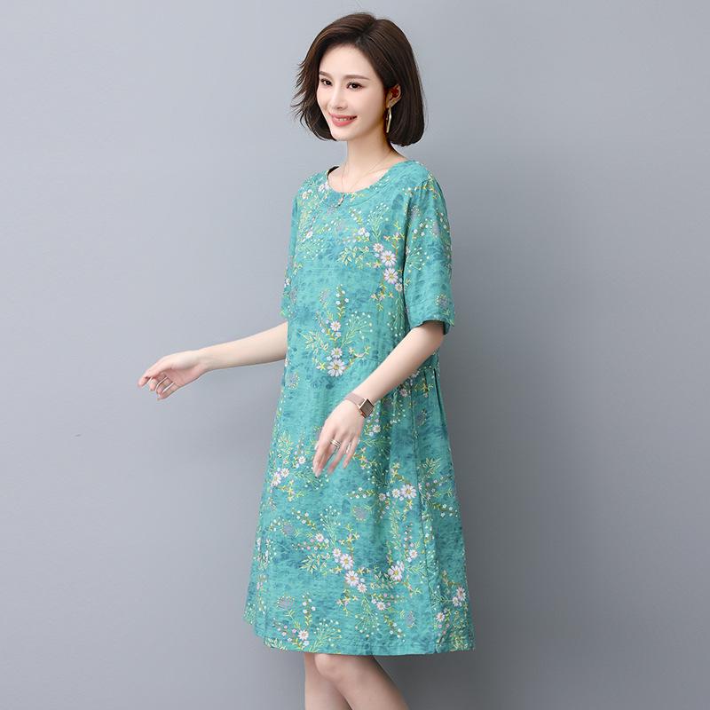 Floral Linen A-Line Dress for Women, 2024 Summer Collection – Elegant Slimming Style for Middle-Aged Mothers