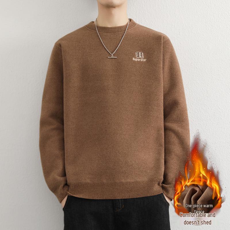Men's Youth Velvet Thickened Wool Sweater - Embroidered, Warm, Trendy Round Neck Knitwear for Autumn and Winter