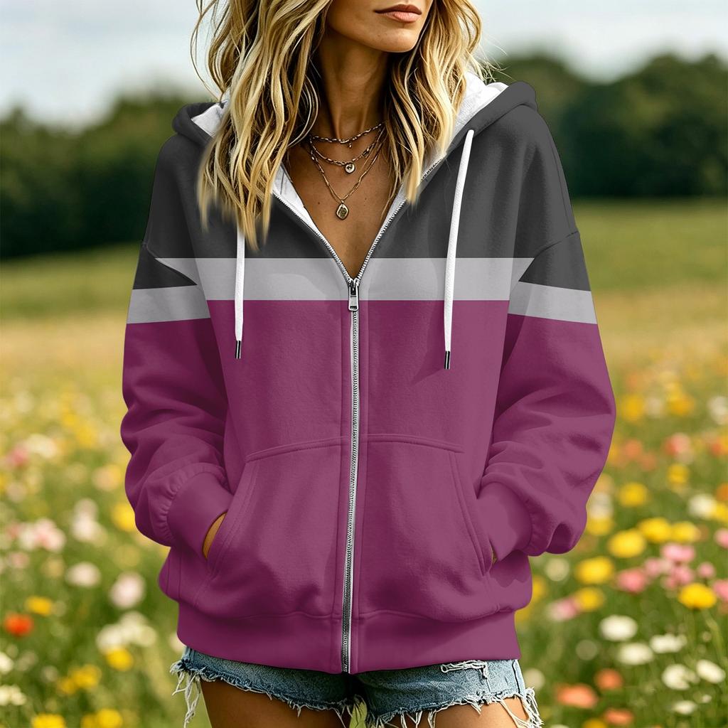 Women's Striped Print Long Sleeve Hooded Jacket with Pockets and for Casual Wear