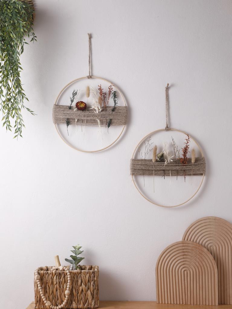 Handcrafted Wooden Wall Hanging Vase Decoration Rustic Jute Rope and Natural Dried Flowers for Home Living Room Bedroom Decor