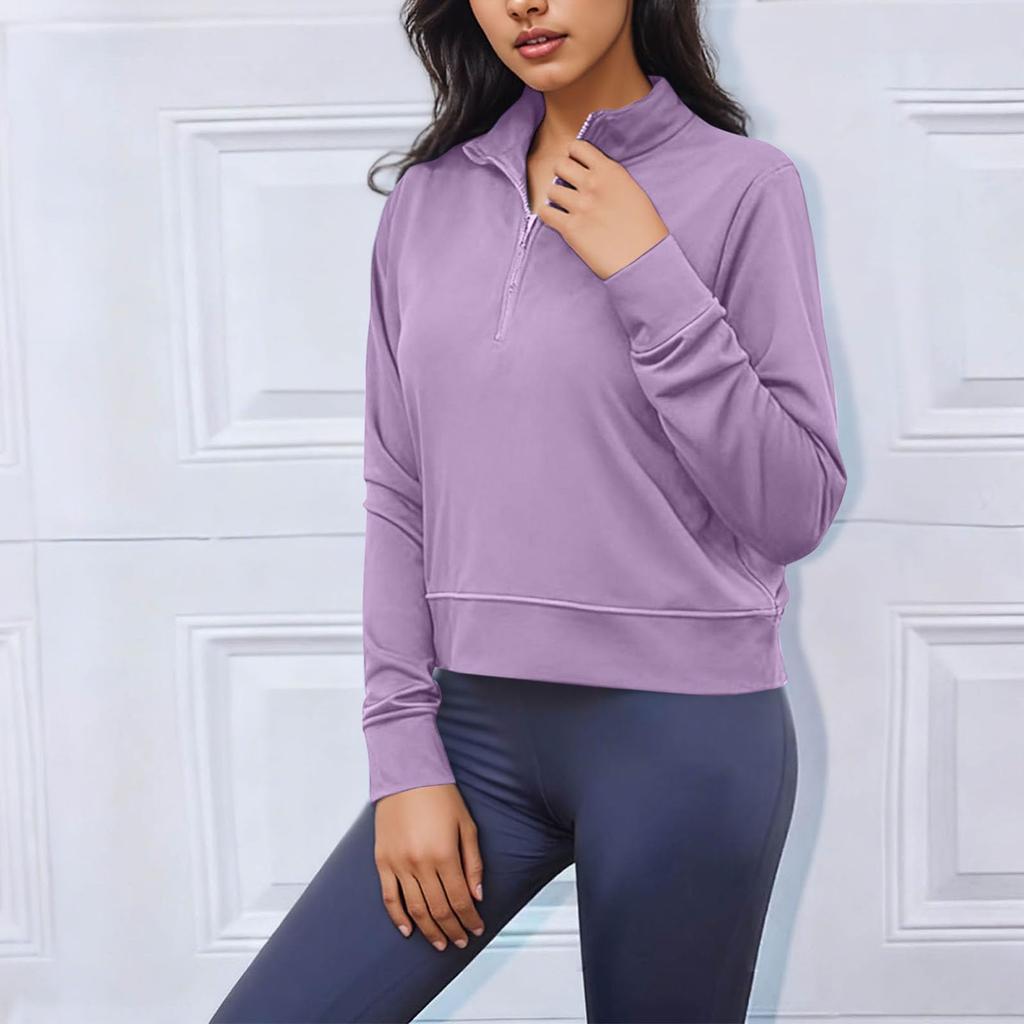 Women's Quarter Zip Pullover Sweatshirt Loose Fit Casual Solid Color Long Sleeve Sweatshirt with Ribbed Cuffs and Hem