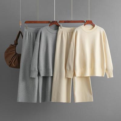 Wind Women's Suit Autumn and Winter New Round Neck Loose Knitted Sweater Casual Wide-leg Pants Two-piece Set
