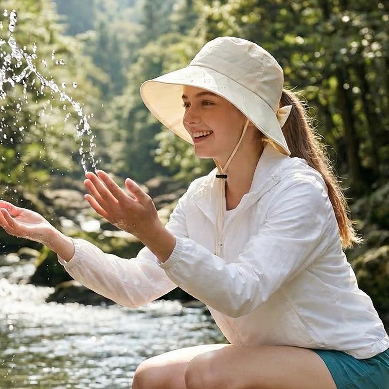 Customized Bucket Hat Women Summer Wide Brim Ponytail Sun Protection Chin Strap Cap For Fishing Climb Outdoor Camp Fisherman