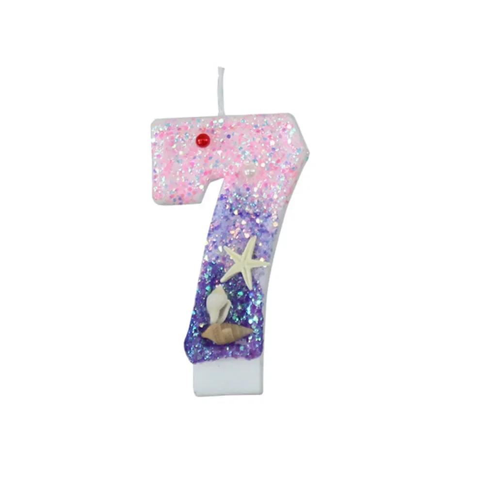 Gradiente Roxo Vela de Aniversário 1 Ano Sereia Vela de Aniversário para Bolo Brilhante Concha de Peixe Marinho Topper de Vela para Decoração de Festa
