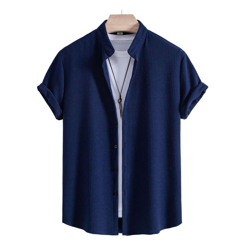 2025 Men's Solid Color Short Sleeve Lapel Shirt - European & American Casual