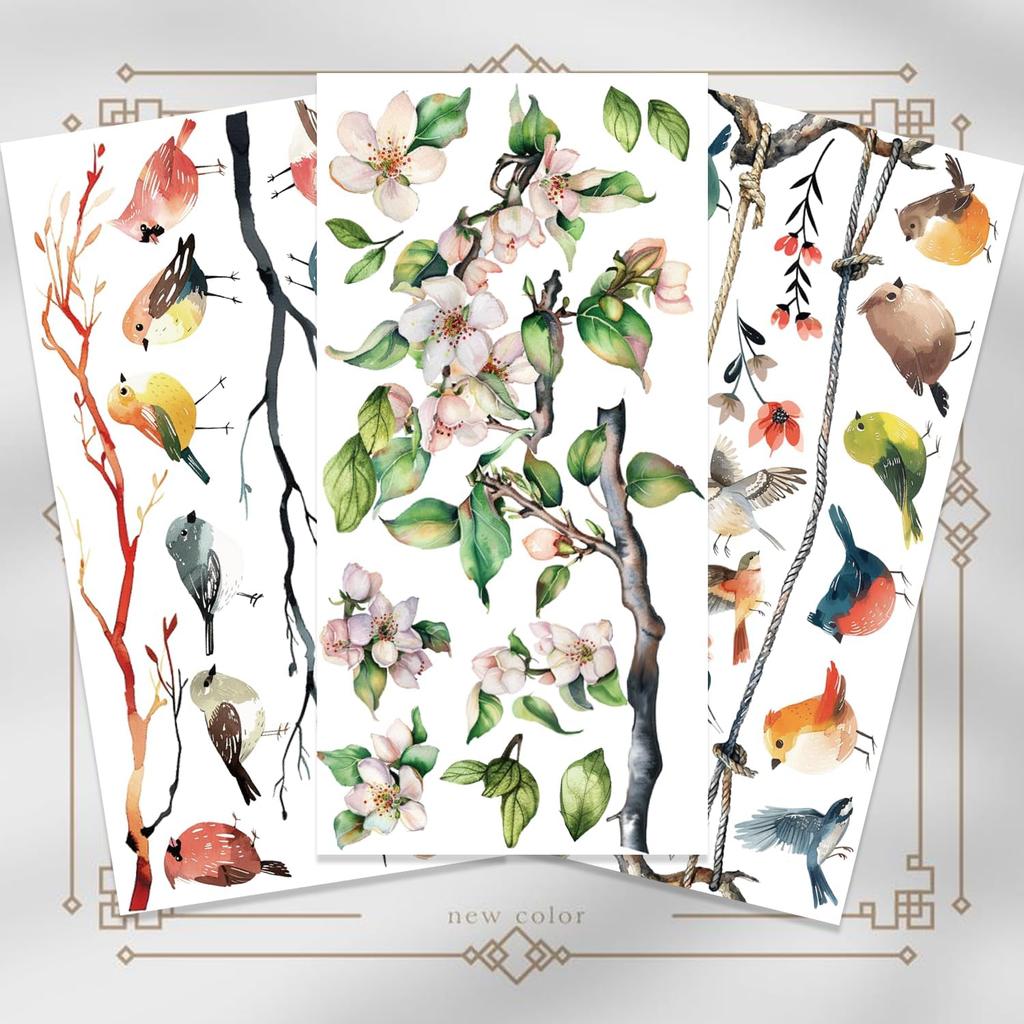 GLOBLELAND 3Pcs Branches and Birds Furniture Transfer 6x12inch Flowers and Plants Rub on Transfer Self-Adhesive Wall Art Decals for Bedroom Living