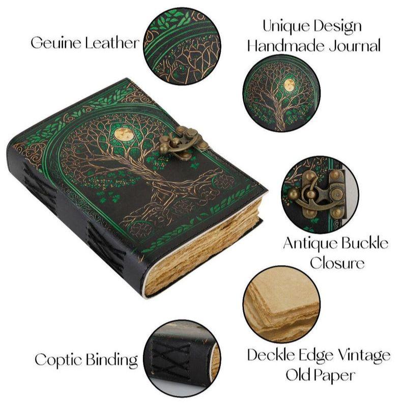 Handmade Leather Journal: Tree of Life Grimoire with Antique Lock