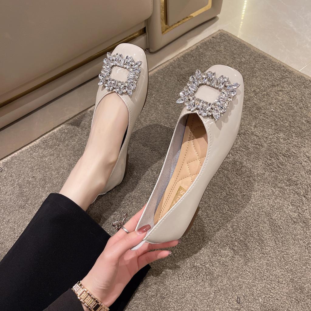 Summer New Women 'S Single Shoes Square Head Rhinestone High Heels Women 'S Thick Heel Fat Feet Wide Fat Large Size Women 'S Shoes