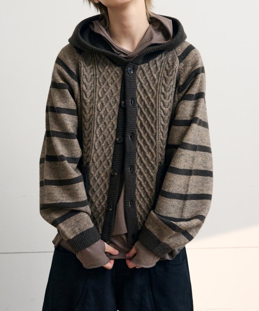 Iseuteuseobiseusyab Striped Cable Knit Hooded Cardigan - Truffle Brown