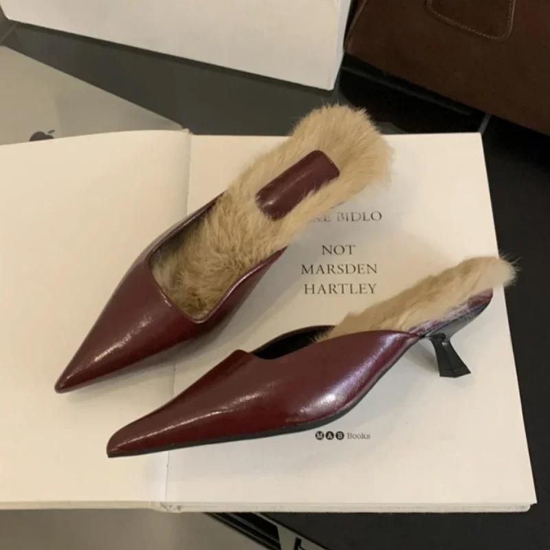 

Пушистые плюшевые тапочки с острым носком, женские зимние сексуальные шлепанцы на низком каблуке, женские уличные тапочки, удобные модные туфли-лодочки для женщин 39 вино красного