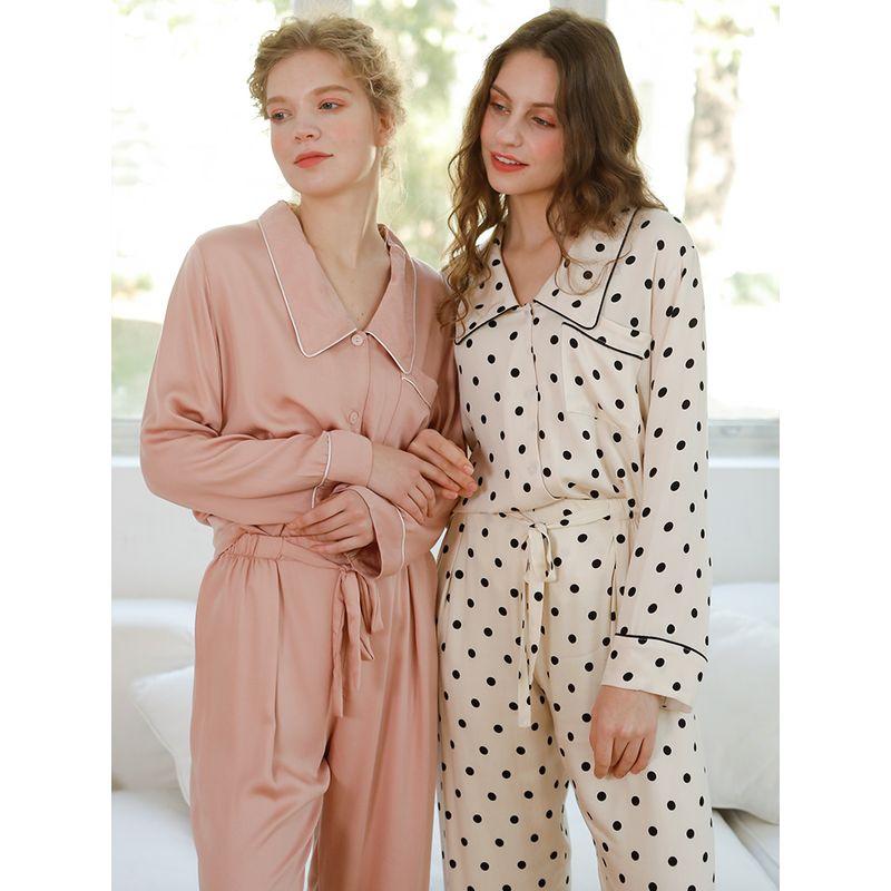2024 Spring New Simple Satin Rayon Cute Small Pointed Collar Set Women Long sleeve Trousers Pajamas Home Wear