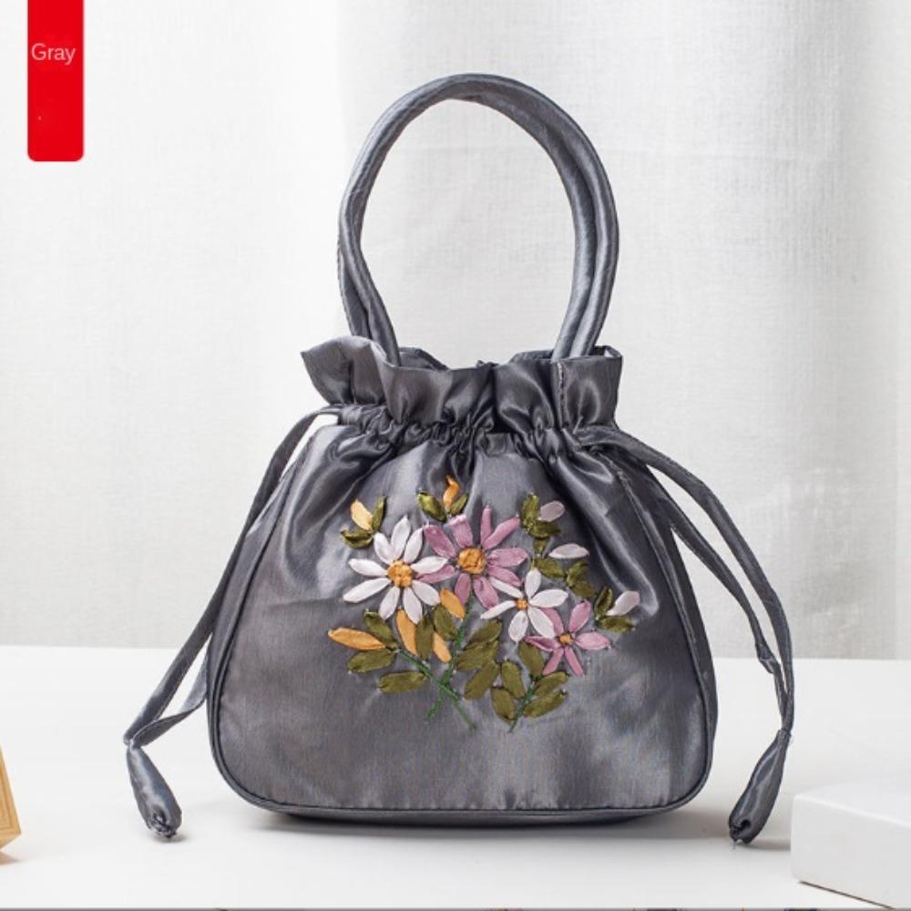 Embroidered Flower Pattern Women Bucket Bag National Phone Bag Ladies Small Dacron Top Handle Bag Casual Occasions