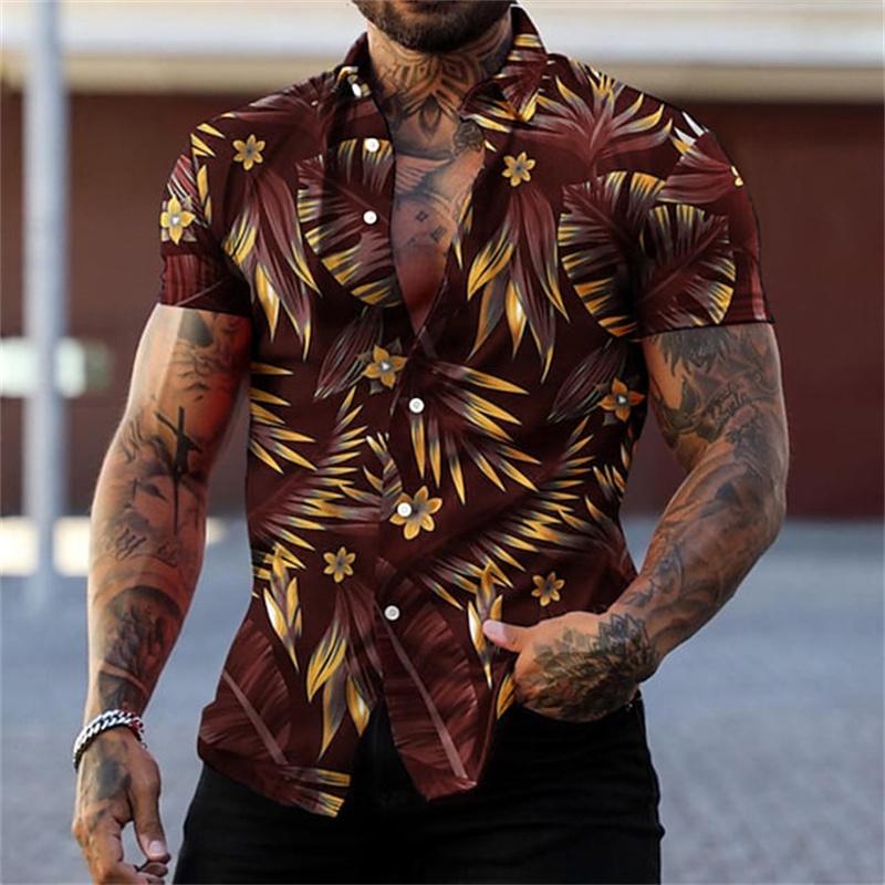 Men's black and gold flower shirts Summer plant print lapel shirt Hawaiian style beach short sleeved button up