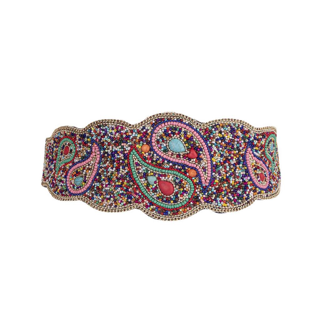 New Taiji Pattern Bead Elastic Buckle Waist Belt, Heavy Industry Bohemian Ethnic Style Women's Belt