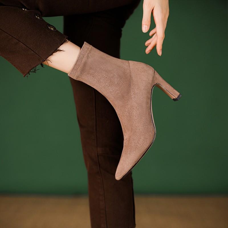 Plus Size 34-45 Women Fetish Suede Ankle Boots Stiletto High Heels Concise Pointy Toe Office Lady Solid Short Booties Black Nude