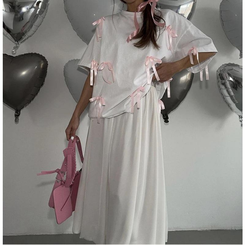 Summer New Design Three-dimensional Bow Decoration Versatile Mid-length T-shirt for Women