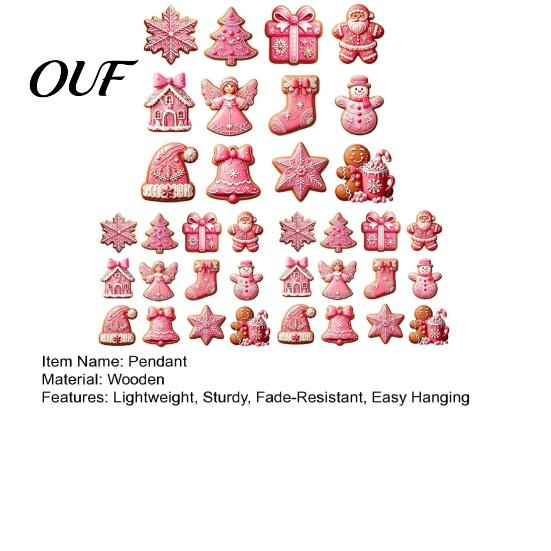 Decorative Wood Shapes for Christmas 12/24/36Pcs Pink Gingerbread Wooden Ornaments, Xmas Tree Hanging Decorations, Lightweight Decorations Festive