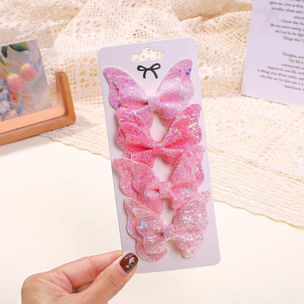 4Pcs/set Cute Sequins Double Butterfly Hair Bows Clip for Baby Girls Leather Kids Hairpins Barrettes Headwear Hair Acesssories