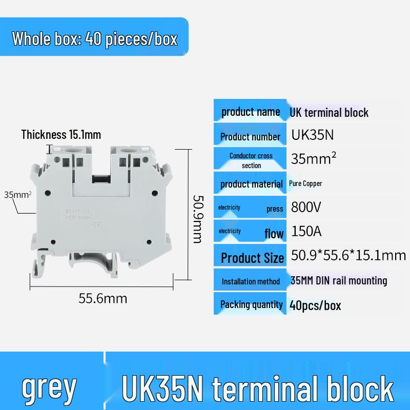

Zhaoda UK35 DIN Rail 35mm² Screw Terminal Block мідний/сірий колір