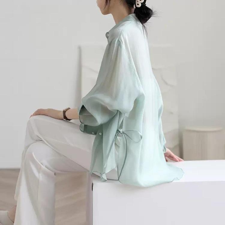 Women Loose Thin Section Tencel Sunscreen Shirt Summer See Through Hitching Outerwear Air Conditioning Cardigan Shaw