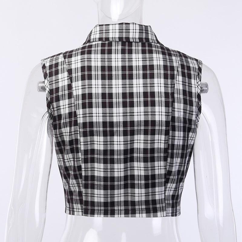 Women Check Waistcoat Punk Vest Tank Crop Top Chain Gothic Sleeveless Shirt