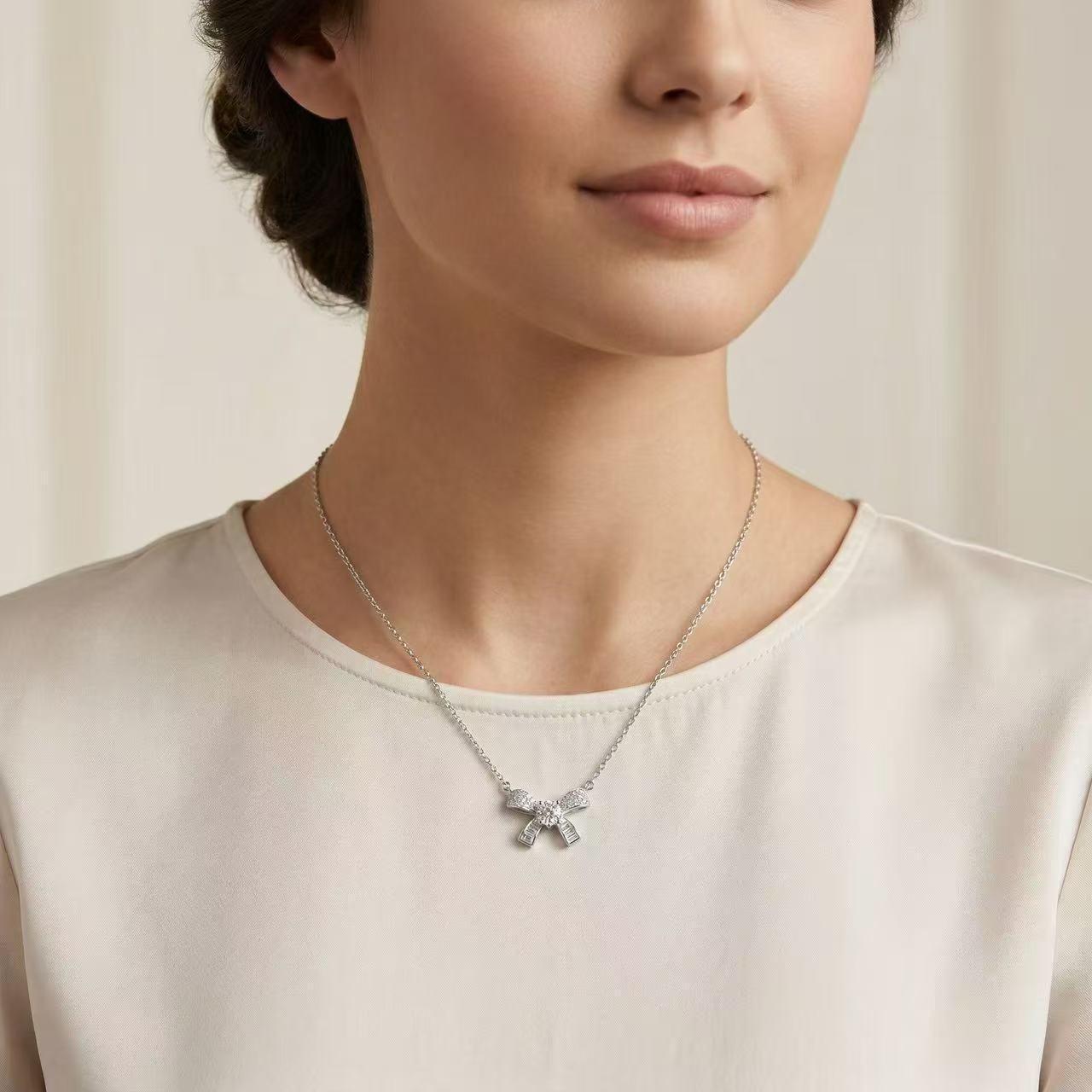 Elegant Moissanite Bow Clavicle Pendant Necklace - S925 Sterling Silver, High-End Versatile Design 925 Silver