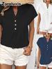 New Retro Cotton Linen Women's Casual Shirt V-Neck Button Short Sleeve Solid Color Linen Top