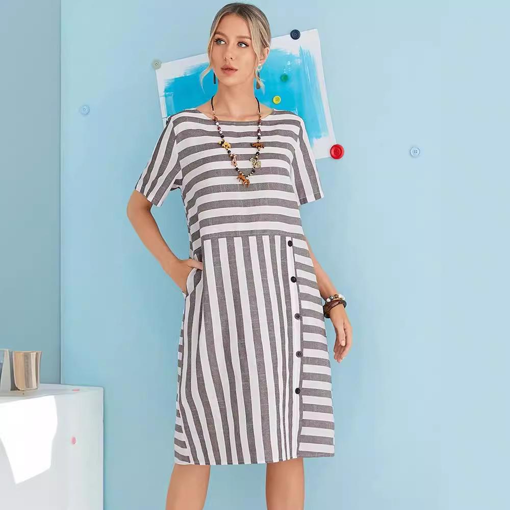 2023 Hot Style Striped Round Neck Short Sleeve Loose Plus Size Women's Dress