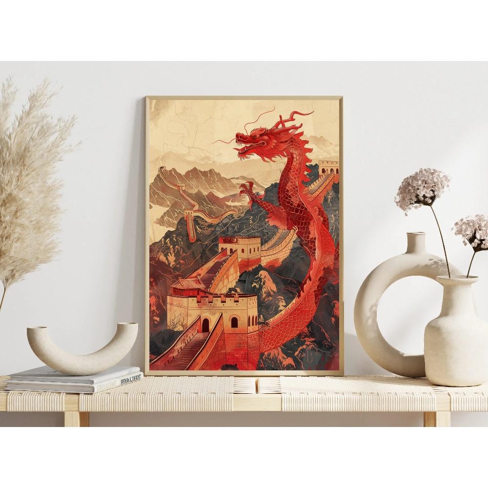 Vintage Iconic Mysterious Grand Chinese Loong Poster The Great Wall Modern Prints Canvas Wall Art Picture Home Living Room Decor