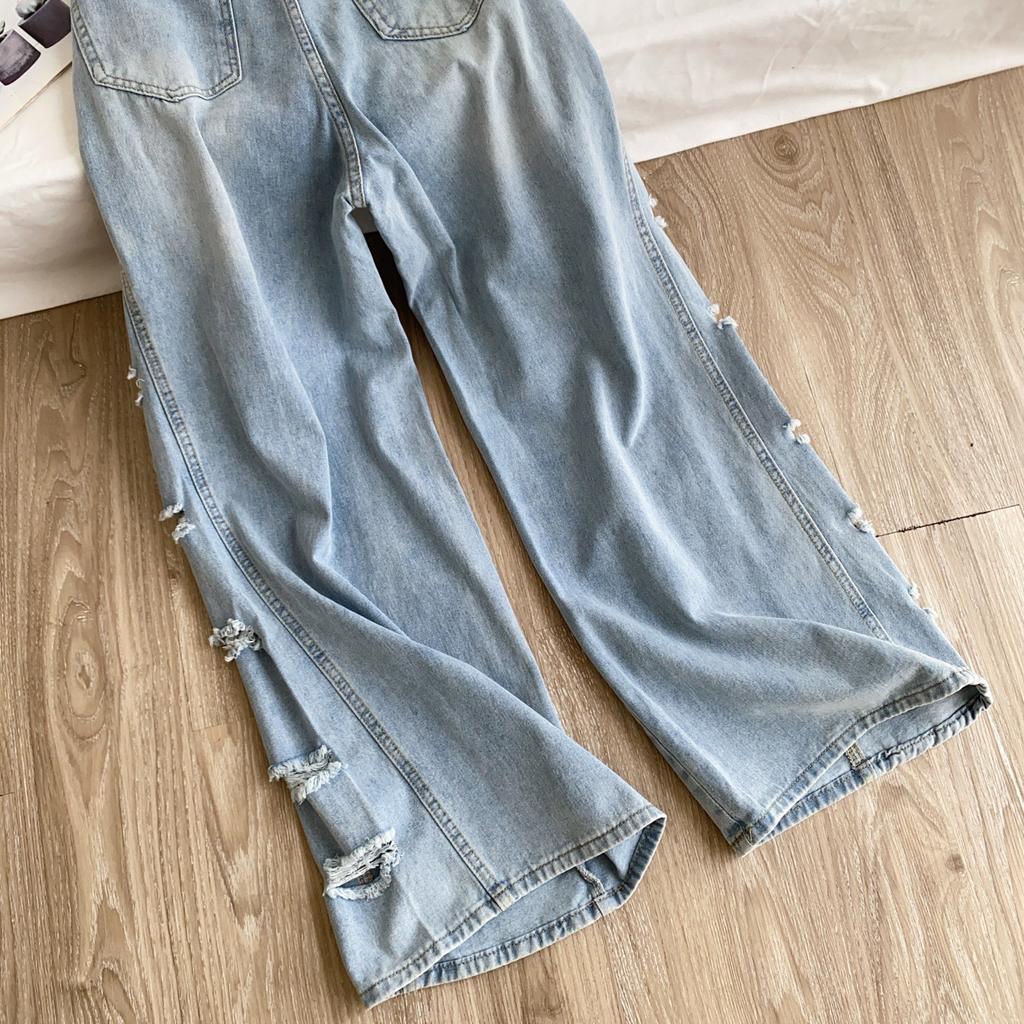Edgy Hole Denim Loose Pants Women Autumn Newest Distressed Wide Leg Pocket Trendy Street Spicy Girl Y2K Casual Jeans