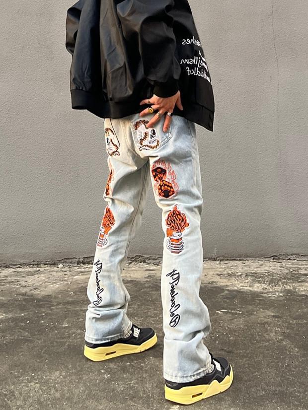 JYL Men s Jeans American Street Heavy Wash Embroidered Hiphop Bootcut Denim S янтарь