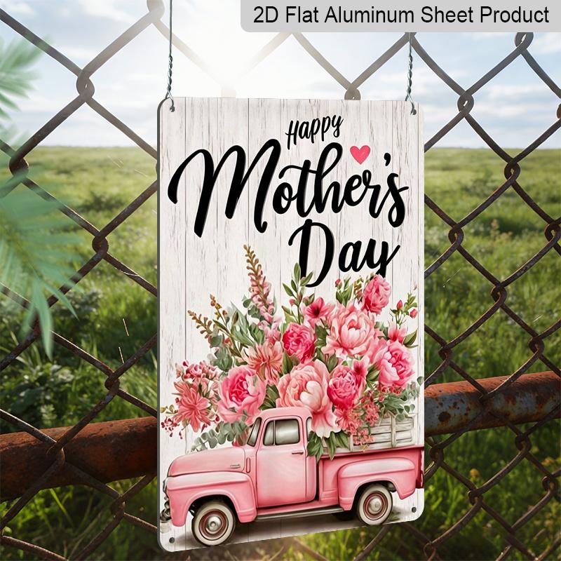 2D Flat, 1pc Pink Truck Floral Mother's Day Metal Wall Art Sign "Happy Mother's Day" - 8*12 Inch Aluminium Rustic Home Decor, Farmhouse Wall Art